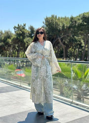 Whisper Dantel Çiçek Desenli Kuşaklı Kimono Mavi