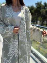 Whisper Dantel Çiçek Desenli Kuşaklı Kimono Mavi