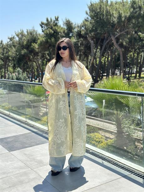 Whisper Dantel Çiçek Desenli Kuşaklı Kimono Sarı