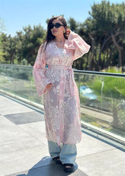 Whisper Dantel Çiçek Desenli Kuşaklı Kimono Pembe