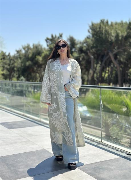 Whisper Dantel Çiçek Desenli Kuşaklı Kimono Mavi