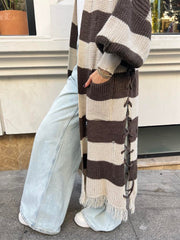 Yandan Bağcıklı Püsküllü Hırka Kahve - krem