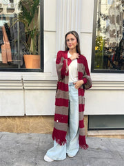 Yandan Bağcıklı Püsküllü Hırka Kırmızı - Kahve