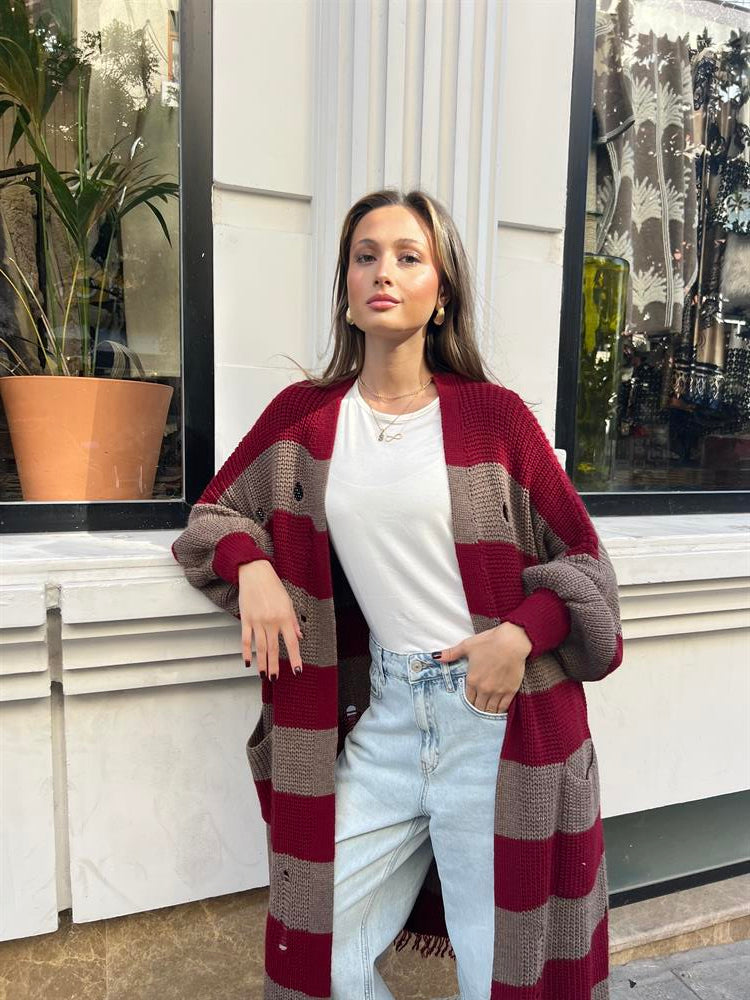 Yandan Bağcıklı Püsküllü Hırka Kırmızı - Kahve