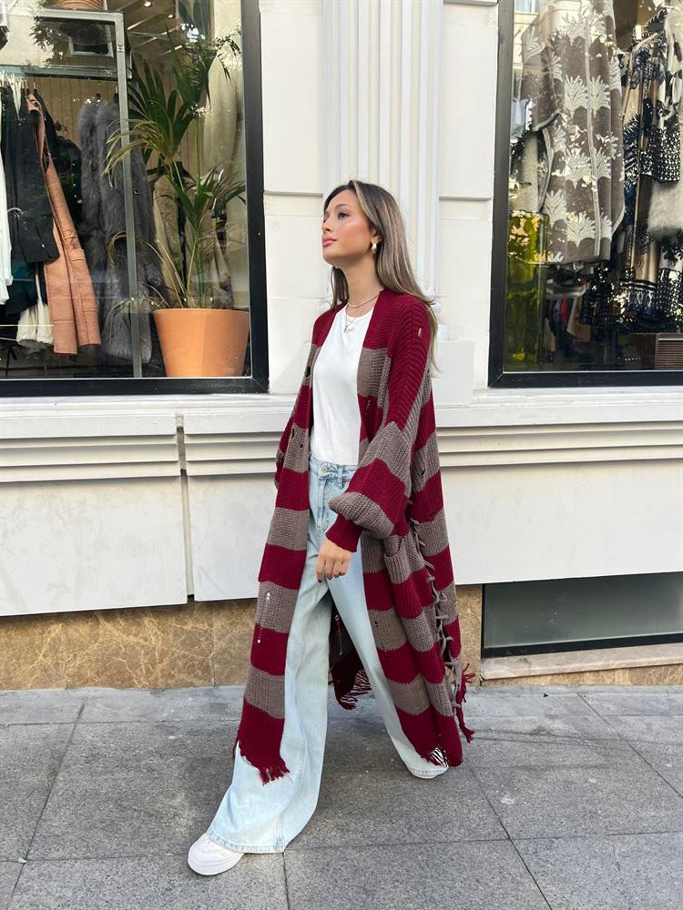 Yandan Bağcıklı Püsküllü Hırka Kırmızı - Kahve