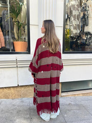 Yandan Bağcıklı Püsküllü Hırka Kırmızı - Kahve