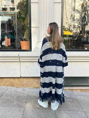 Yandan Bağcıklı Püsküllü Hırka Lacivert-Gri