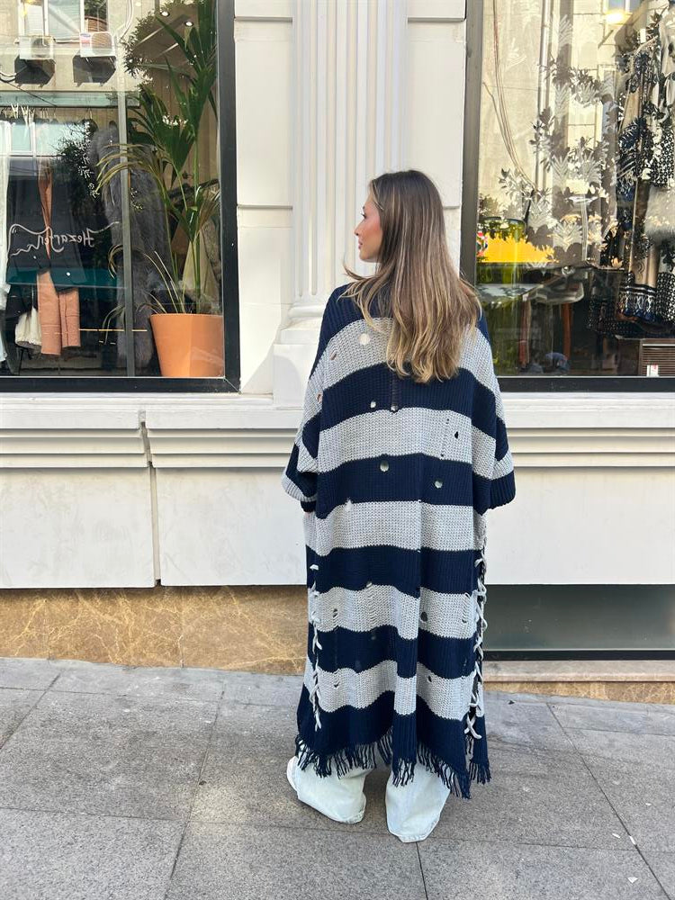 Yandan Bağcıklı Püsküllü Hırka Lacivert-Gri