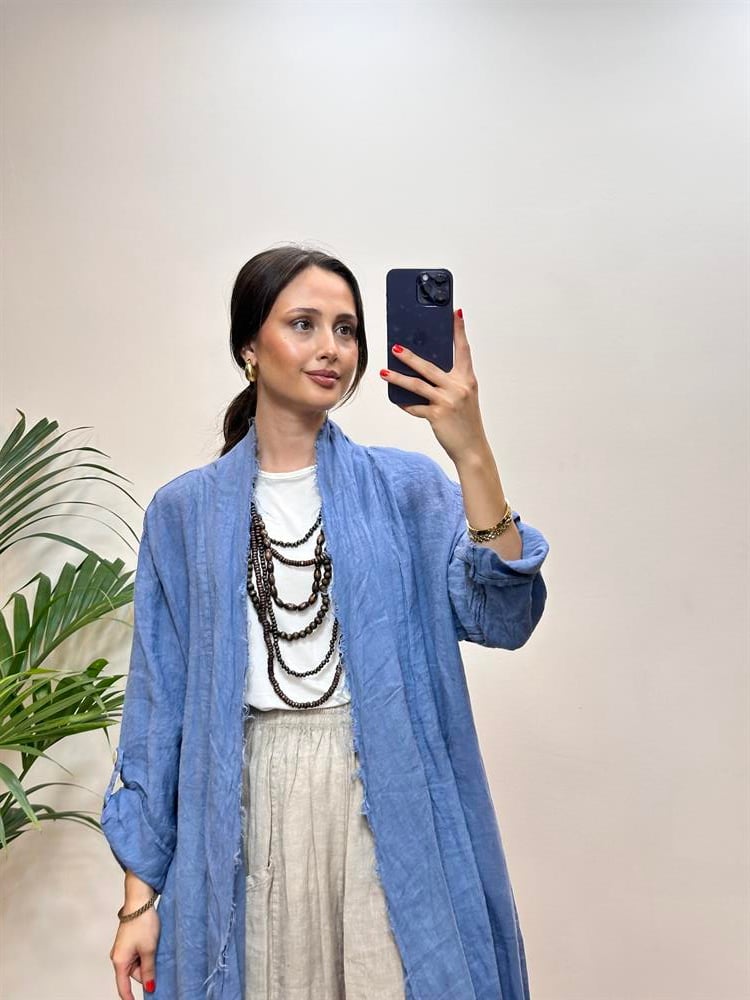 Yırtmaçlı Keten Kap Mavi