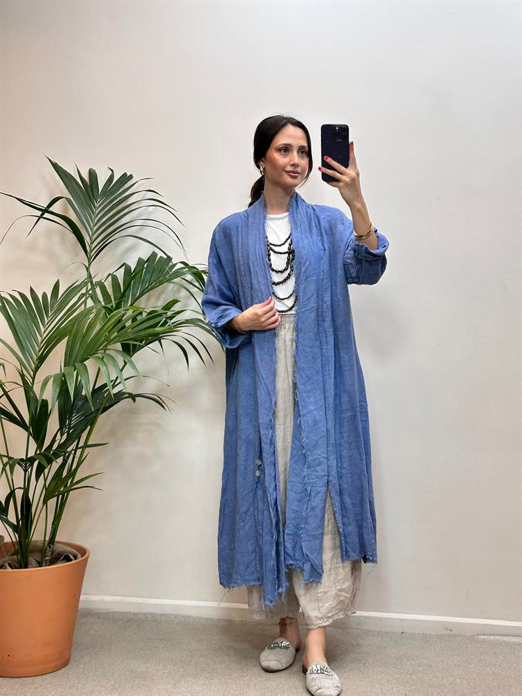 Yırtmaçlı Keten Kap Mavi