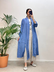 Yırtmaçlı Keten Kap Mavi