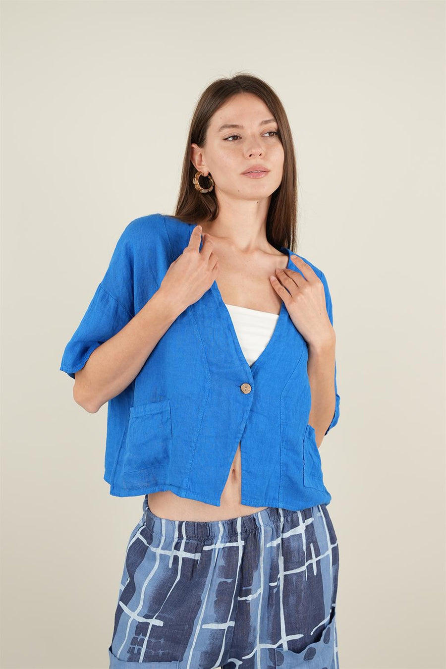 Zeva Kısa Kollu Keteten Ceket Mavi